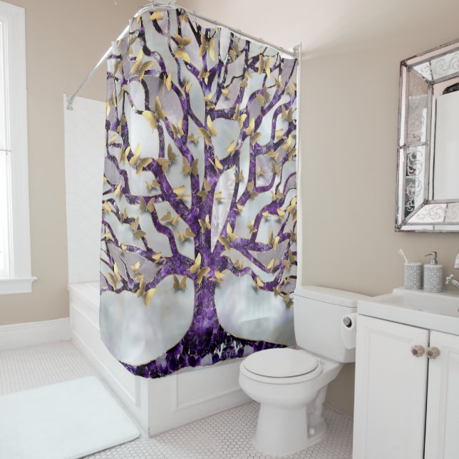 Tree of Life - Amethyst and Butterflies Shower Curtain (In Situ)