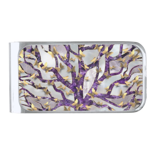 Tree of Life - Amethyst and Butterflies Silver Finish Money Clip (Front)