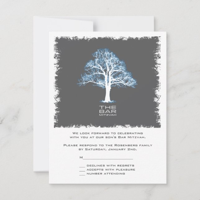 Tree of Life Bar Mitzvah Reply Card, Blue and Gray RSVP Card (Front)