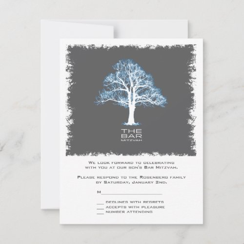 Tree of Life Bar Mitzvah Reply Card, Blue &amp; Gray RSVP Card