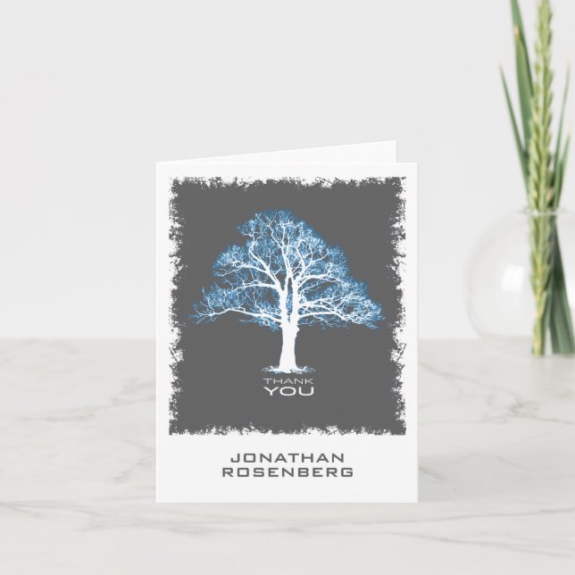 Tree of Life Bar Mitzvah Thank You Card Blue Gray (Front)