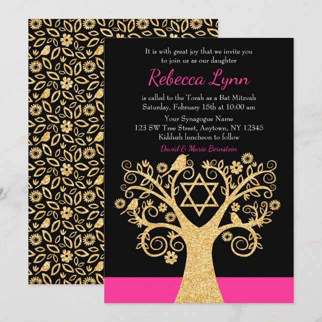 Tree of Life Birds Pink Gold Bat Mitzvah Invitation (Front/Back)