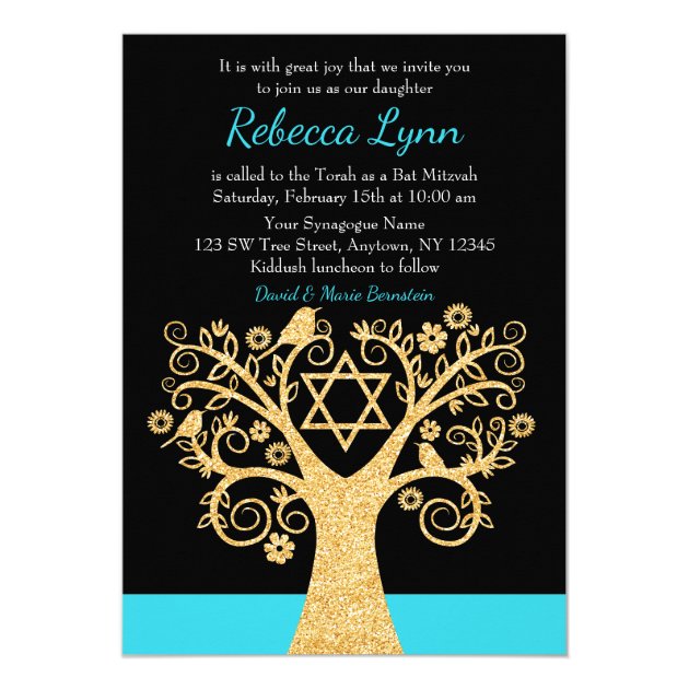 Tree Of Life Birds Teal Blue Gold Bat Mitzvah Invitation