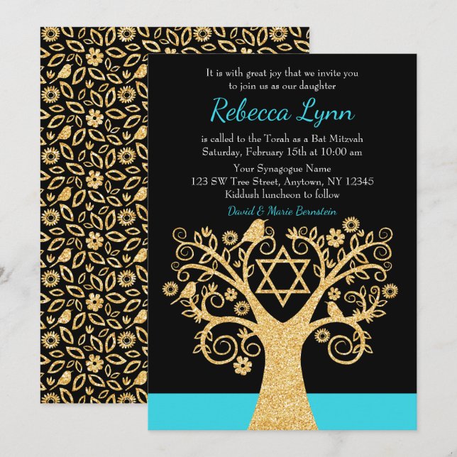 Tree of Life Birds Teal Blue Gold Bat Mitzvah Invitation (Front/Back)