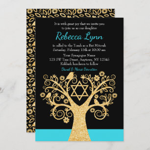 Tree of Life Birds Teal Blue Gold Bat Mitzvah Invitation