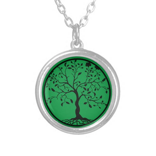 Tree of Life Black and Green Silver Plated Necklace