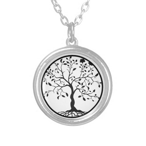 Tree of Life Black and White Silver Plated Necklace