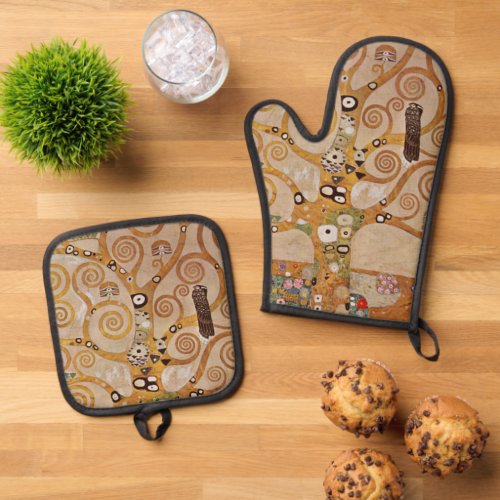 Tree of Life by Gustav Klimt Stylized Art Nouveau Oven Mitt  Pot Holder Set