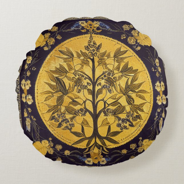 Tree of Life by kedoki black gold embroidery Throw Round Pillow (Front)