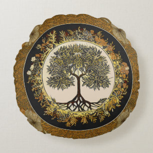 Tree of Life by kedoki Floral Gold Embroidery Thro Round Pillow
