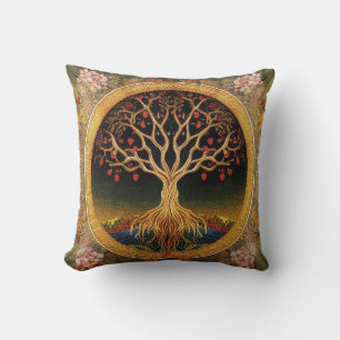 Tree of Life by kedoki Floral Vintage embroidery Throw Pillow
