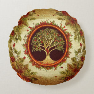 Tree of Life by kedoki Green and Orange Embroidery Round Pillow