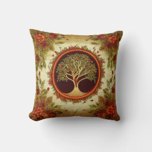 Tree of Life by kedoki Green and Orange Embroidery Throw Pillow