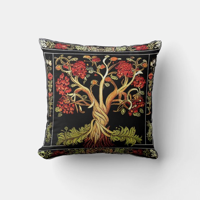 Tree of Life by kedoki Red Green Black embroidery Throw Pillow (Front)