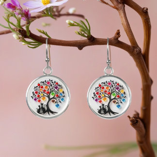 tree of life couple cats heart jewel stone apple earrings