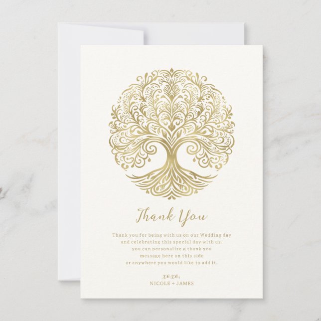 Tree of Life Cream & Gold Celtic Thank You Invitation (Front)