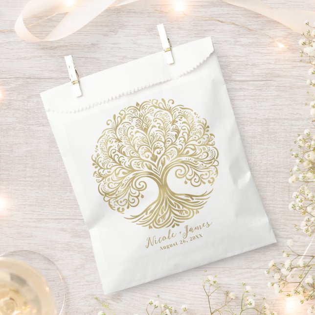Tree of Life Cream & Gold Celtic Wedding Favor Bag (Clipped)