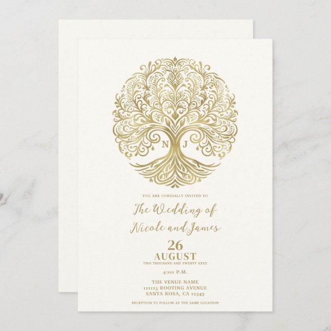 Tree of Life Cream & Gold Celtic Wedding Invitation (Front/Back)