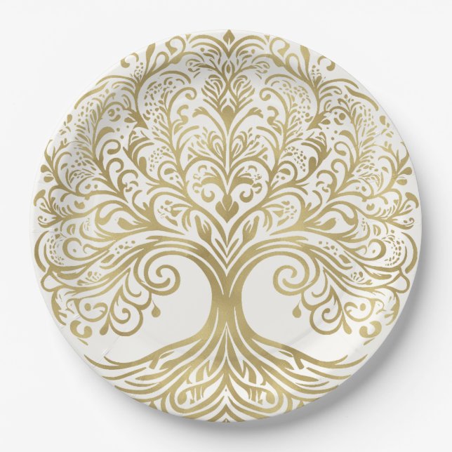 Tree of Life Cream & Gold Celtic Wedding Paper Plates (Front)