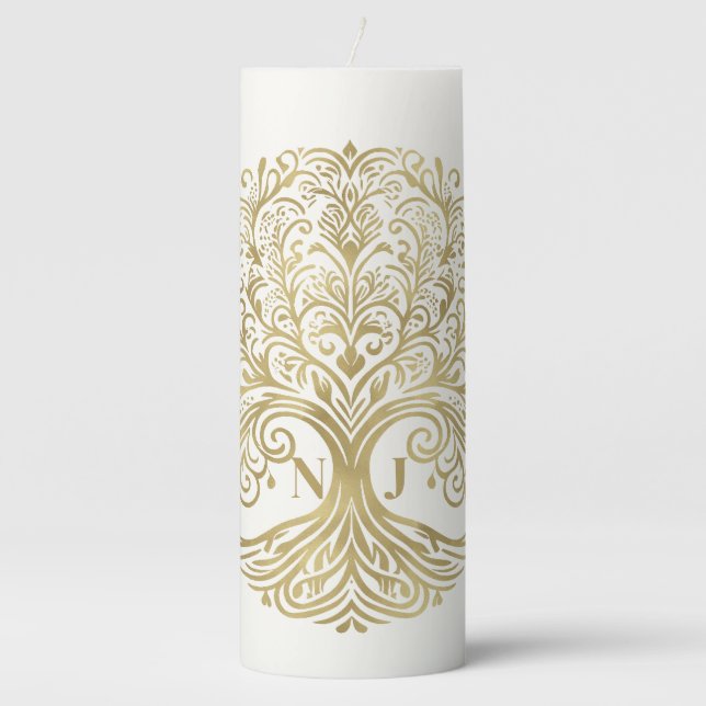 Tree of Life Cream & Gold Celtic Wedding Pillar Candle (Front)