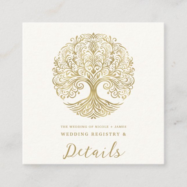 Tree of Life Cream & Gold Celtic Wedding Square Business Card (Front)