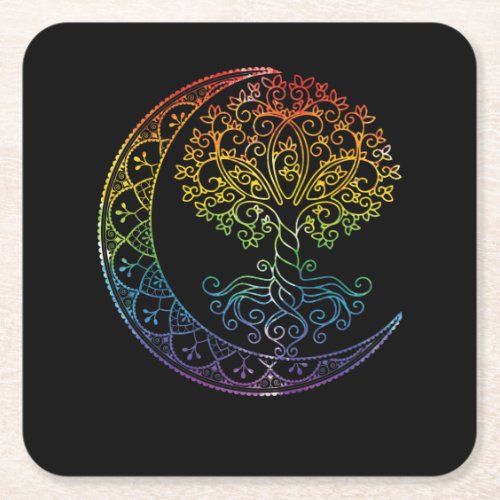 Tree of Life Cresent Moon Phases Mandala Yoga Gift Square Paper Coaster
