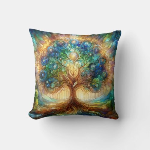 Tree of Life design in Vintage stained glass feel Throw Pillow