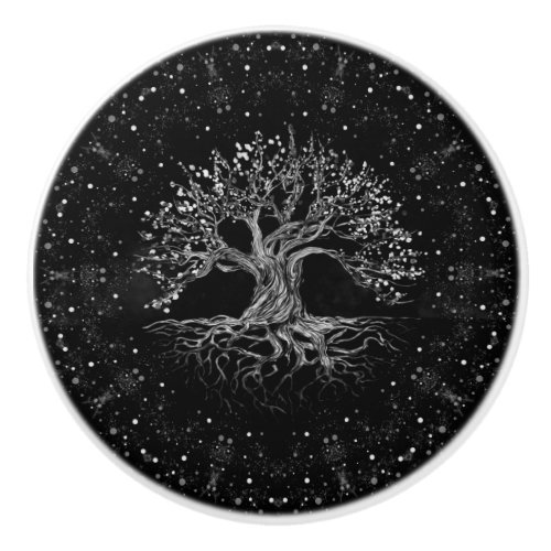 Tree of Life Drawing Black and White Ceramic Knob