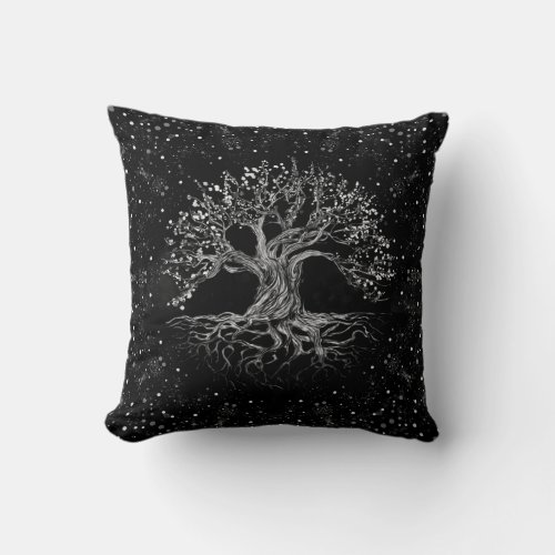Tree of Life Drawing Black and White Throw Pillow