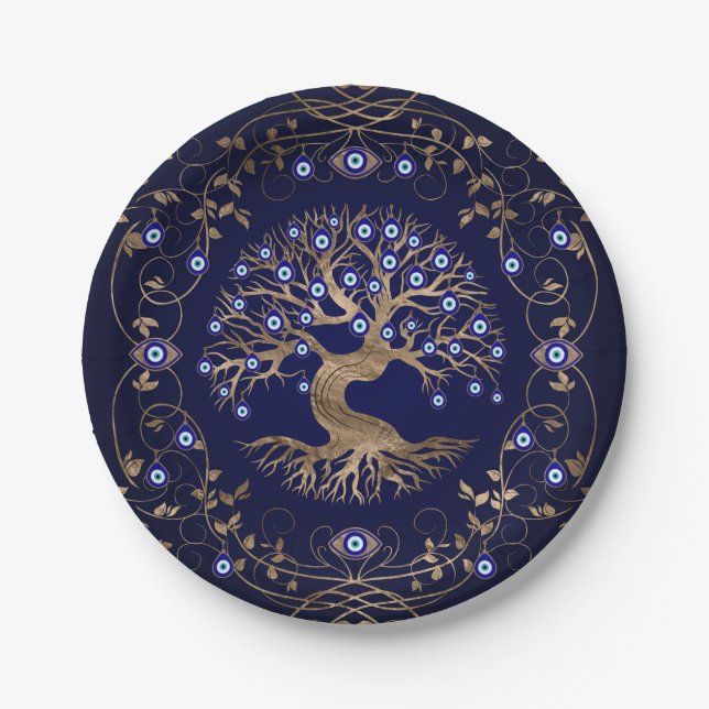 Tree of Life Evil Eye Ornament Paper Plates (Front)