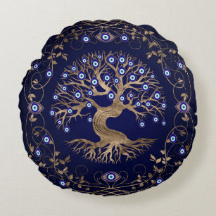 Tree of Life Evil Eye Ornament Round Pillow