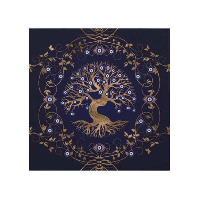 Tree of Life Evil Eye Ornament Wood Wall Art (Front)