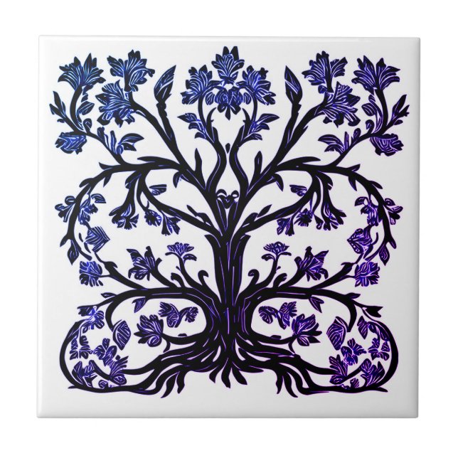 Tree of Life Floral #2 Cobalt Blue and White   Ceramic Tile (Front)