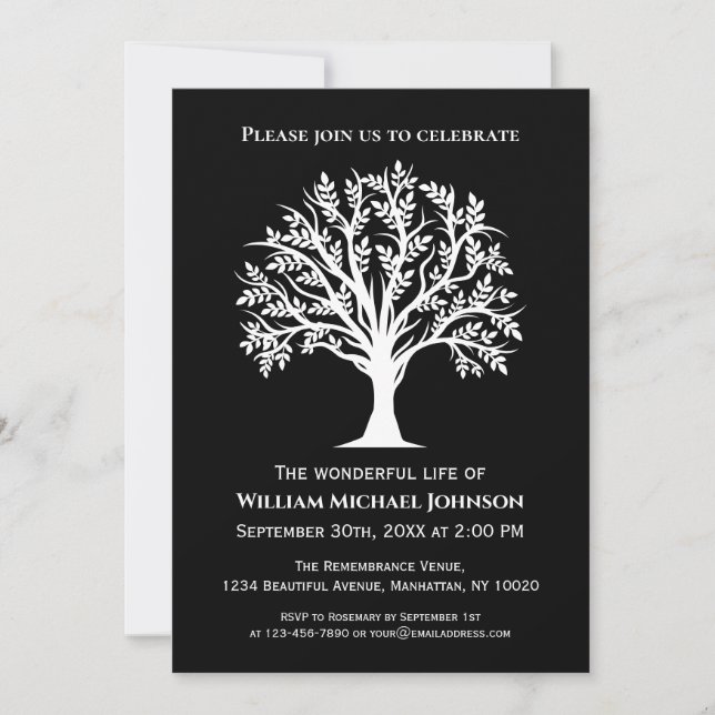 Tree Of Life Funeral Memorial Black And White Invitation (Front)