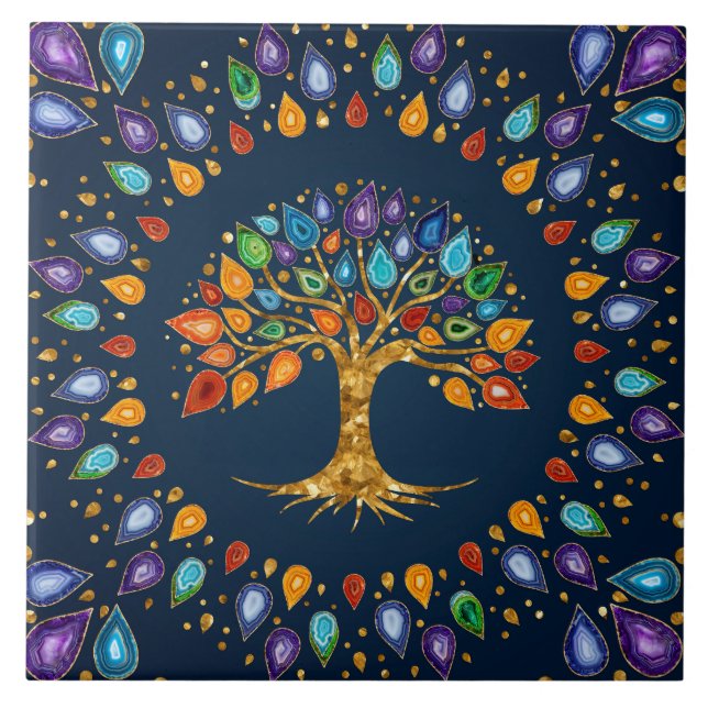Tree of life - Geode Agate Leaves Ceramic Tile (Front)