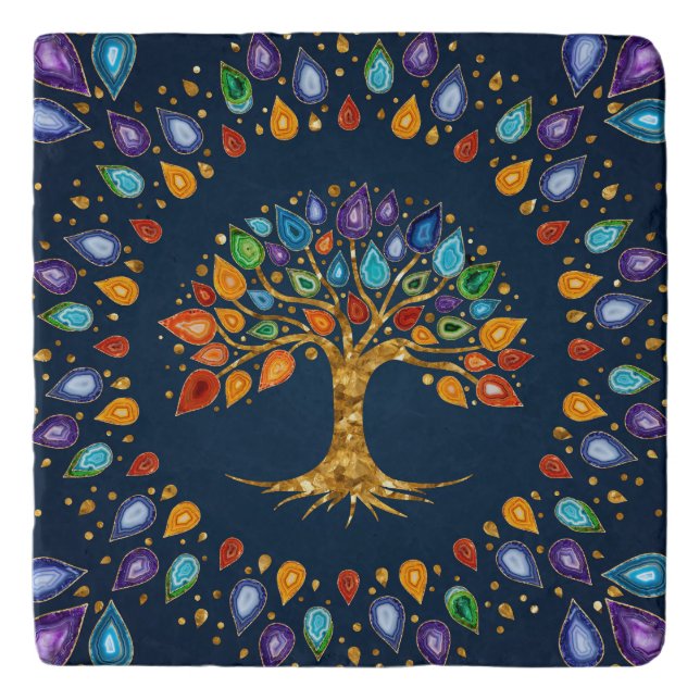 Tree of life - Geode Agate Leaves Trivet (Front)