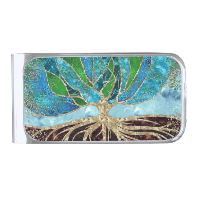 Tree of Life - Glass and Marble Silver Finish Money Clip (Front)