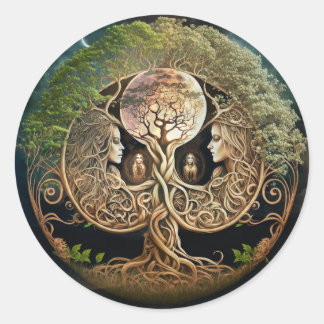 Tree of Life Goddess and Moon Classic Round Sticker