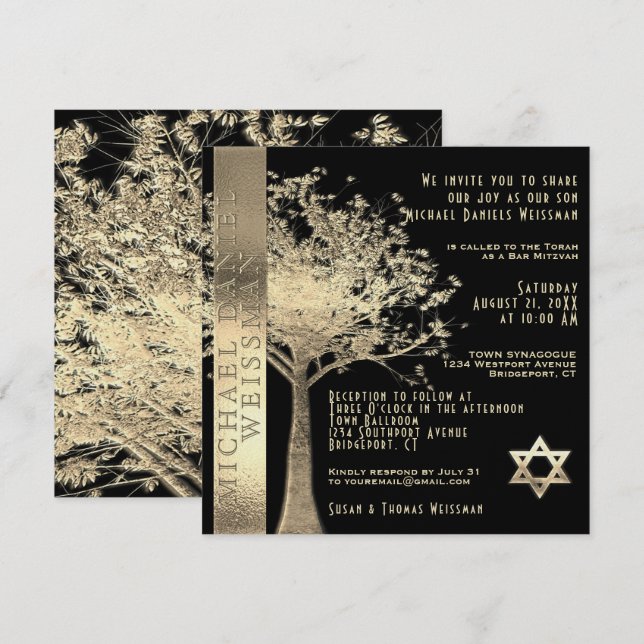 Tree of Life Gold and Black Bar Mitzvah Invitation (Front/Back)