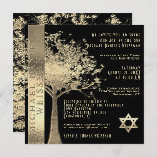 Tree of Life Gold and Black Bar Mitzvah Invitation