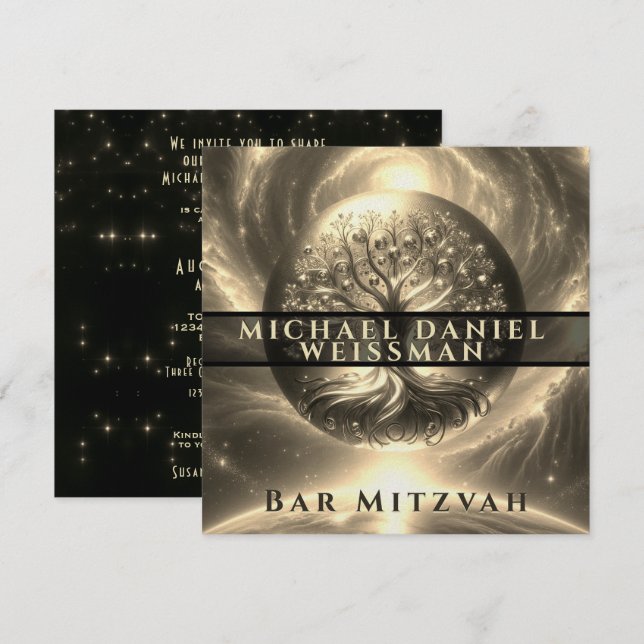 Tree of Life Gold and Black Bar Mitzvah Invitation (Front/Back)