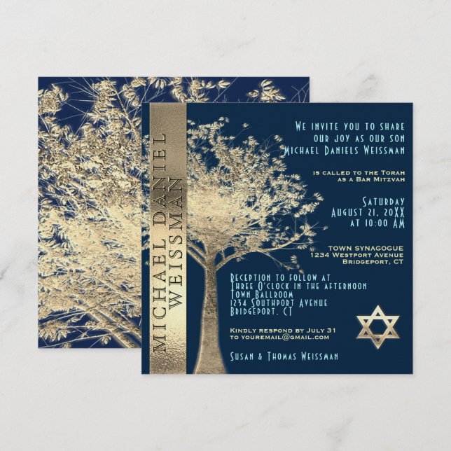 Tree of Life Gold and Navy Blue Bar Mitzvah Invitation (Front/Back)