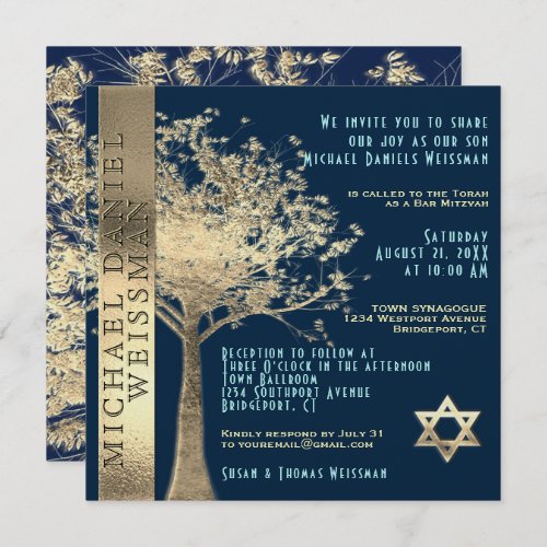Tree of Life Gold and Navy Blue Bar Mitzvah Invitation