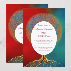 Tree of life gold red teal any age Birthday Party Invitation