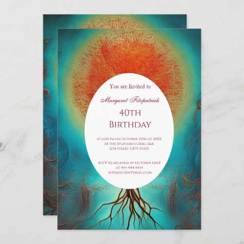 Tree of life gold red teal any age Birthday Party  Invitation
