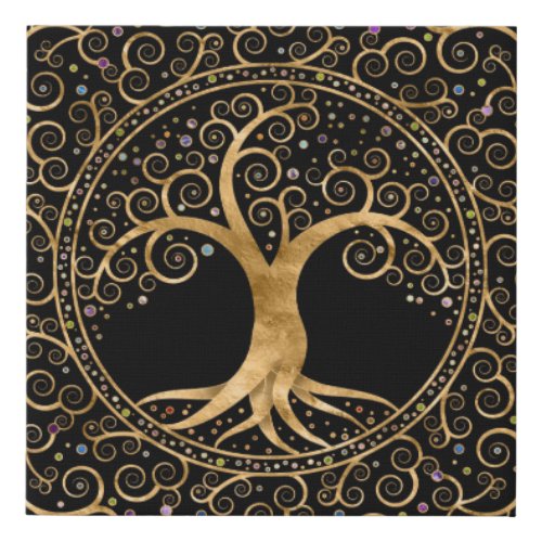 Tree of life Golden Spiral and Gemstones Faux Canvas Print
