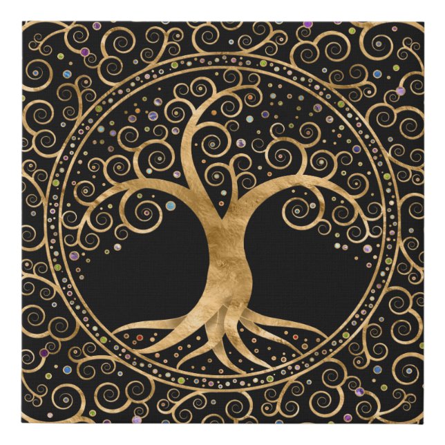 Tree of life Golden Spiral and Gemstones Faux Canvas Print (Front)
