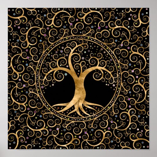 Tree of life Golden Spiral and Gemstones Poster