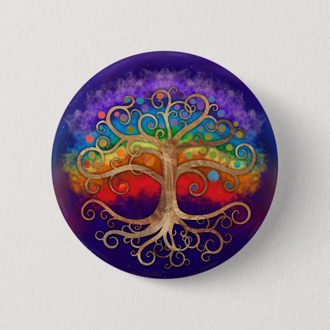 Tree of life Golden Swirl and Rainbow Button (Front)