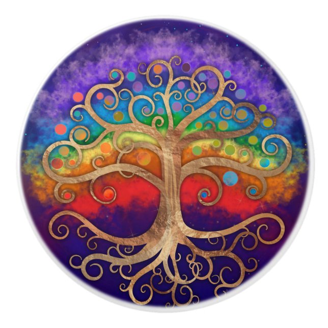 Tree of life Golden Swirl and Rainbow Ceramic Knob (Front)